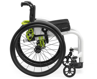 Ki Mobility Rogue XP (K0005,E1235,E1237) Ultra-Lightweight Pediatric Wheelchair  with green accents on a white background