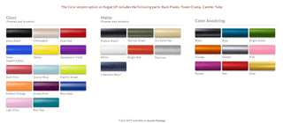 Color swatch chart for Rogue XP products including gloss, matte, and color anodizing options.