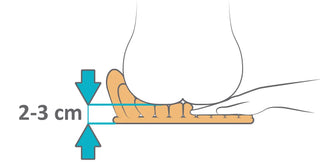 Illustration showing a hand measuring 2-3 cm on a foot with a ruler.