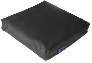 Black cushion with a brand logo on a white background
