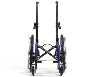 Ki Mobility Spark (E1238) Pediatric Folding Wheelchair with blue wheels on a white background