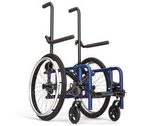 Ki Mobility Spark (E1238) Pediatric Folding Wheelchair with blue frame and black wheels on a white background