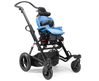 Ki Mobility Tyke (E1234) Pediatric Lightweight Wheelchair/Stroller  attached to a black stroller on a white background