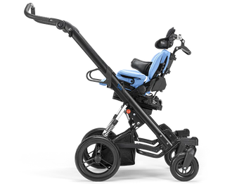 Ki Mobility Tyke (E1234) Pediatric Lightweight Wheelchair/Stroller with a blue seat on a white background