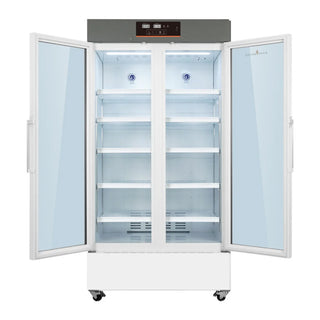 Large KingsBottle KBU5L756 Upright 2-Door Medical Fridge & Lab Refrigerator with glass doors on a white background