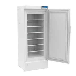 White KingsBottle MLF270 Biomedical Freezer with open door on a white background