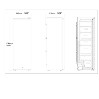 Technical drawing of a KingsBottle MLF270 Biomedical Freezer with dimensions labeled