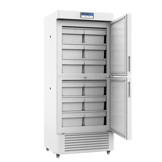 White KingsBottle MLF450 Two Chambers Biomedical Freezer with open door showing storage compartments on a white background