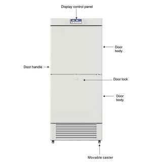 Diagram of a KingsBottle MLF450 Two Chambers Biomedical Freezer with labeled parts on a white background