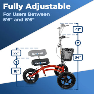 KneeRover All Terrain Steerable Knee Scooter Crutches Alternative in Canyon Orange with adjustable dimensions on a blue and white background
