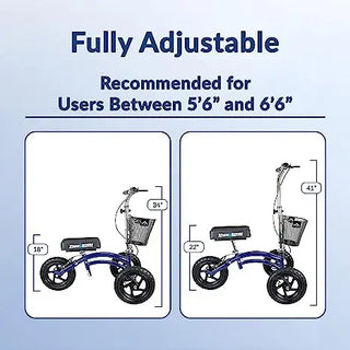Diagram of KneeRover_All_Terrain_Steerable_Knee_Scooter_Knee_Walker_Heavy_Duty_Crutches_Alternative_in_Blue with adjustable height for users between 5'6" and 6'6" on a light blue background.