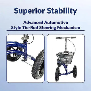 Blue gardening cart with advanced automotive-style tie-rod steering mechanism on a light blue background.