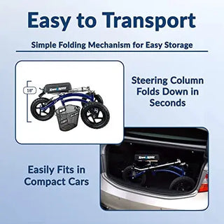Foldable KneeRover_All_Terrain_Steerable_Knee_Scooter_Knee_Walker_Heavy_Duty_Crutches_Alternative_in_Blue with text on easy transport and storage