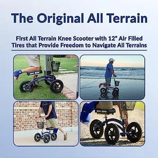 All Terrain Knee Scooter with 12-inch air-filled tires used in various settings.