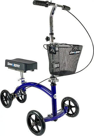 KneeRover Deluxe Steerable Knee Walker Knee Scooter Knee Cycle Leg Walker  with basket on a white background