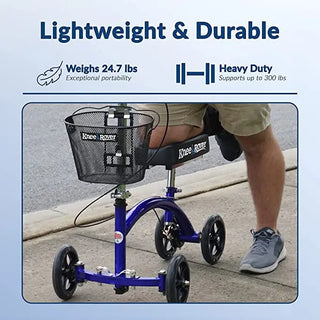 KneeRover Deluxe Steerable Knee Walker Knee Scooter Knee Cycle Leg Walker  with text highlighting weight and durability on a light blue background