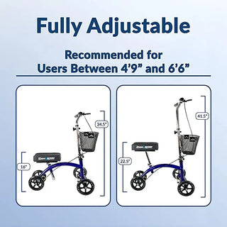 KneeRover Deluxe Steerable Knee Walker Knee Scooter Knee Cycle Leg Walker  with adjustable height shown on a light blue background