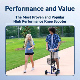 Two people with KneeRover Deluxe Steerable Knee Walker Knee Scooter Knee Cycle Leg Walker  on a path with grass and trees in the background.