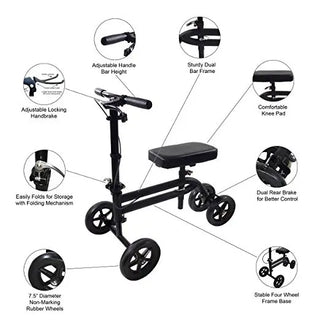 KneeRover Economy Knee Scooter Steerable Knee Walker with features highlighted on a white background