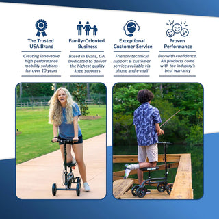 Two people using KneeRover Economy Knee Scooter Steerable Knee Walker in outdoor settings with brand features highlighted.