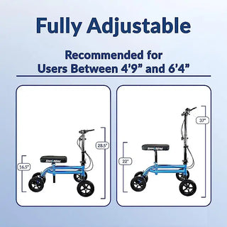 Adjustable KneeRover Economy Knee Scooter Steerable Knee Walker with measurements on a light blue background