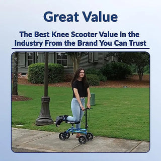 Woman using KneeRover Economy Knee Scooter Steerable Knee Walker on a sidewalk with text about product value and brand trust.