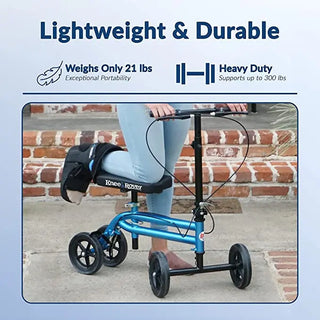 KneeRover Economy Knee Scooter Steerable Knee Walker with text highlighting weight and durability on a light blue background