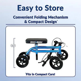 Blue knee KneeRover Economy Knee Scooter Steerable Knee Walker ease and compact design.