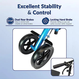 KneeRover Economy Knee Scooter Steerable Knee Walker with dual rear brakes and locking hand brake on a light blue background