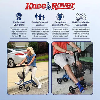 KneeRover Evolution Steerable Seated Scooter/Walker Crutches Alternative product advertisement with two images of people using the scooter and brand information.