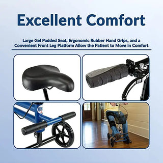 KneeRover Evolution Steerable Seated Scooter/Walker Crutches Alternative with text highlighting comfort features and usage scenario.