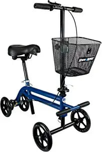 KneeRover Evolution Steerable Seated Scooter/Walker Crutches Alternative with a basket on a white background
