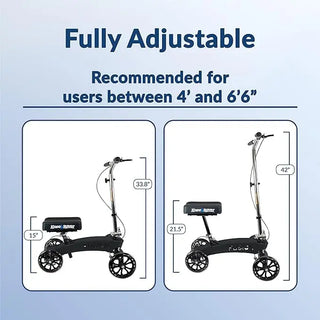 Adjustable KneeRover F-11 Fusion Knee Scooter with measurements on a light blue background