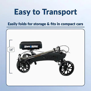 KneeRover F-11 Fusion Knee Scooter  with text 'Easy to Transport' and 'Fusion' branding on a light blue background
