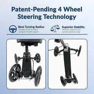Advertisement for patent-pending 4-wheel steering technology with two images of KneeRover F-11 Fusion Knee Scooter 