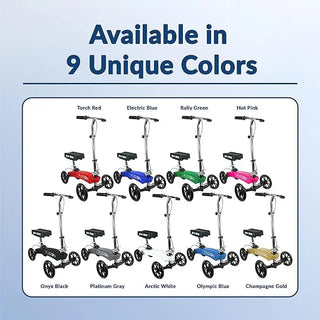 KneeRover F-11 Fusion Knee Scooter with 9 unique color options displayed on a light blue background.