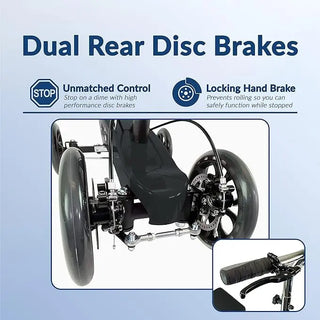 KneeRover F-11 Fusion Knee Scooter with dual rear disc brakes and locking hand brake system on a light blue background.