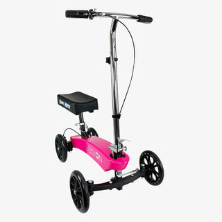 KneeRover F-11 Fusion Knee Scooter Pink scooter with black seat and wheels on a white background