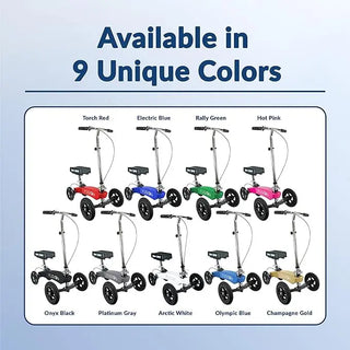 Color options for KneeRover FH-13 Hybrid Fusion Knee Scooter Patented All Terrain displayed on a blue background with text 'Available in 9 Unique Colors'.