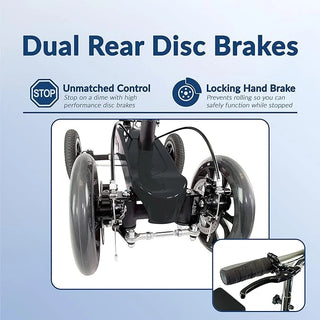 KneeRover FH-13 Hybrid Fusion Knee Scooter Patented All Terrain with dual rear disc brakes and locking hand brake on a light blue background