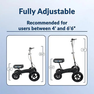 Adjustable KneeRover FR-12 All Terrain Fusion Knee Scooter with measurements on a light blue background