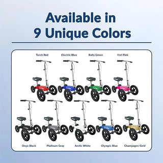 KneeRover FR-12 All Terrain Fusion Knee Scooter in various colors on a light blue background with text indicating availability in 9 unique colors.