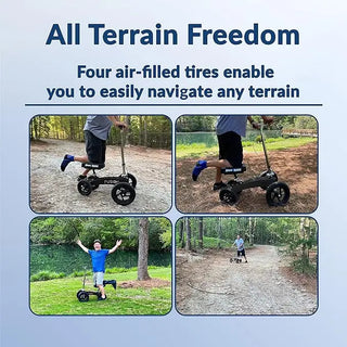 Person using KneeRover FR-12 All Terrain Fusion Knee Scooter  with four air-filled tires in various outdoor settings.