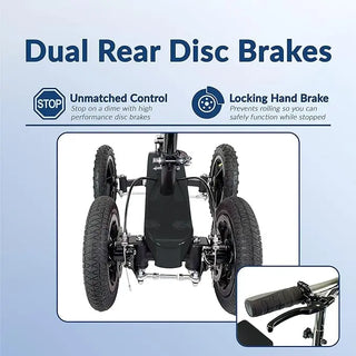 KneeRover FR-12 All Terrain Fusion Knee Scooter with dual rear disc brakes and locking hand brake on a light blue background