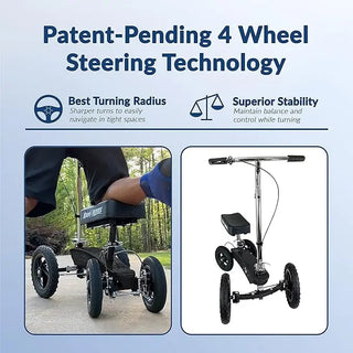 KneeRover FR-12 All Terrain Fusion Knee Scooter with four-wheel steering technology on a light blue background