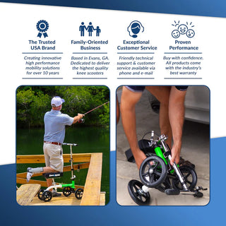 Product advertisement with images of a person using KneeRover GO Knee Walker and text about the brand's values.