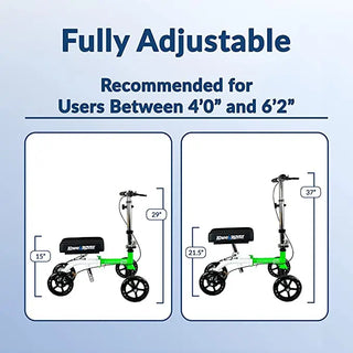 KneeRover GO Knee Walker with measurements on a light blue background