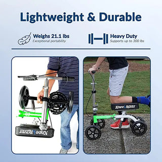 KneeRover GO Knee Walker with text highlighting weight, portability, and support capacity on a blue background.
