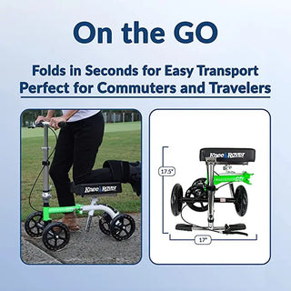 KneeRover GO Knee Walker with text 'On the GO' and 'Folds in Seconds for Easy Transport Perfect for Commuters and Travelers'.