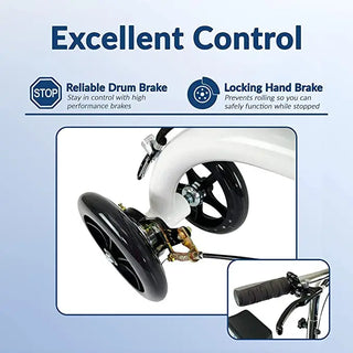 Wheelchair brake system with text on reliable drum brake and locking hand brake.